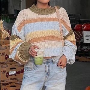 Miss Lola Striped Chunky Cropped Sweater in White, Blue, Tan, Yellow, Olive